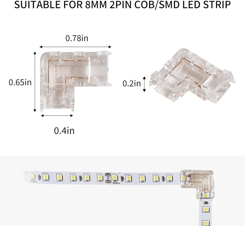 HEYAN 20 Pcs 2PIN L-Shape Solderless Transparent LED Strip Connector No Dark Area for COB/SMD Single Color LED Strips（2PIN -8mm） - Image 4